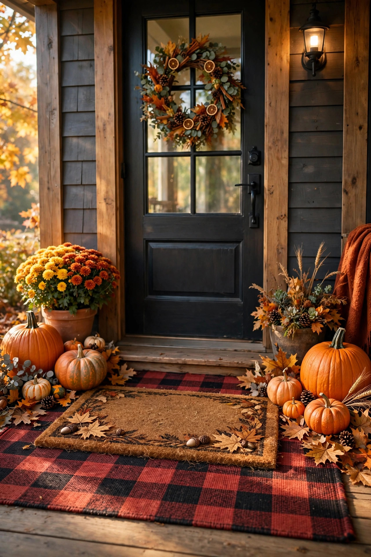 Layered fall doormats with coir welcome mat over buffalo plaid rug on front porch