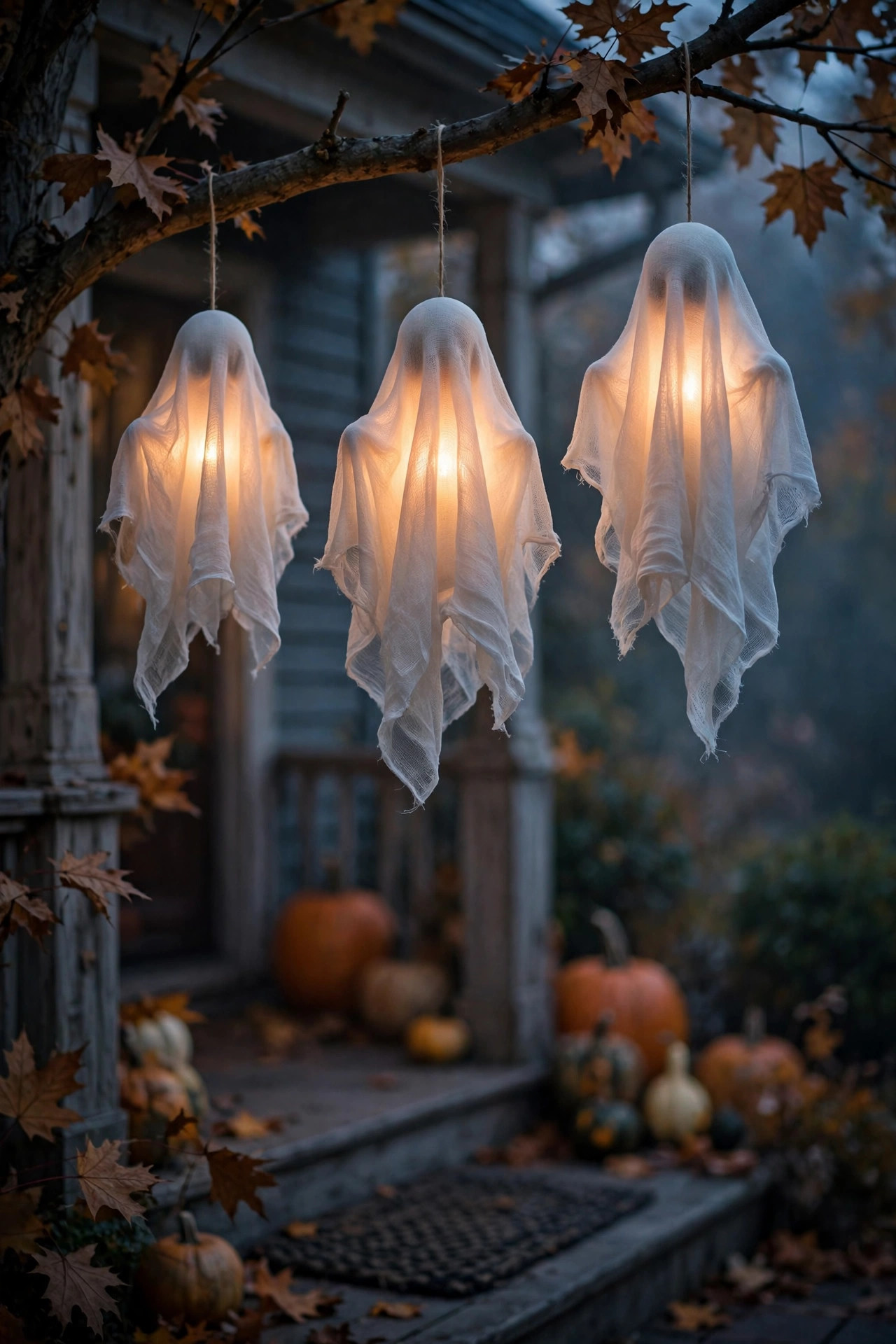 Floating cheesecloth ghosts hanging from a tree branch glowing at dusk
