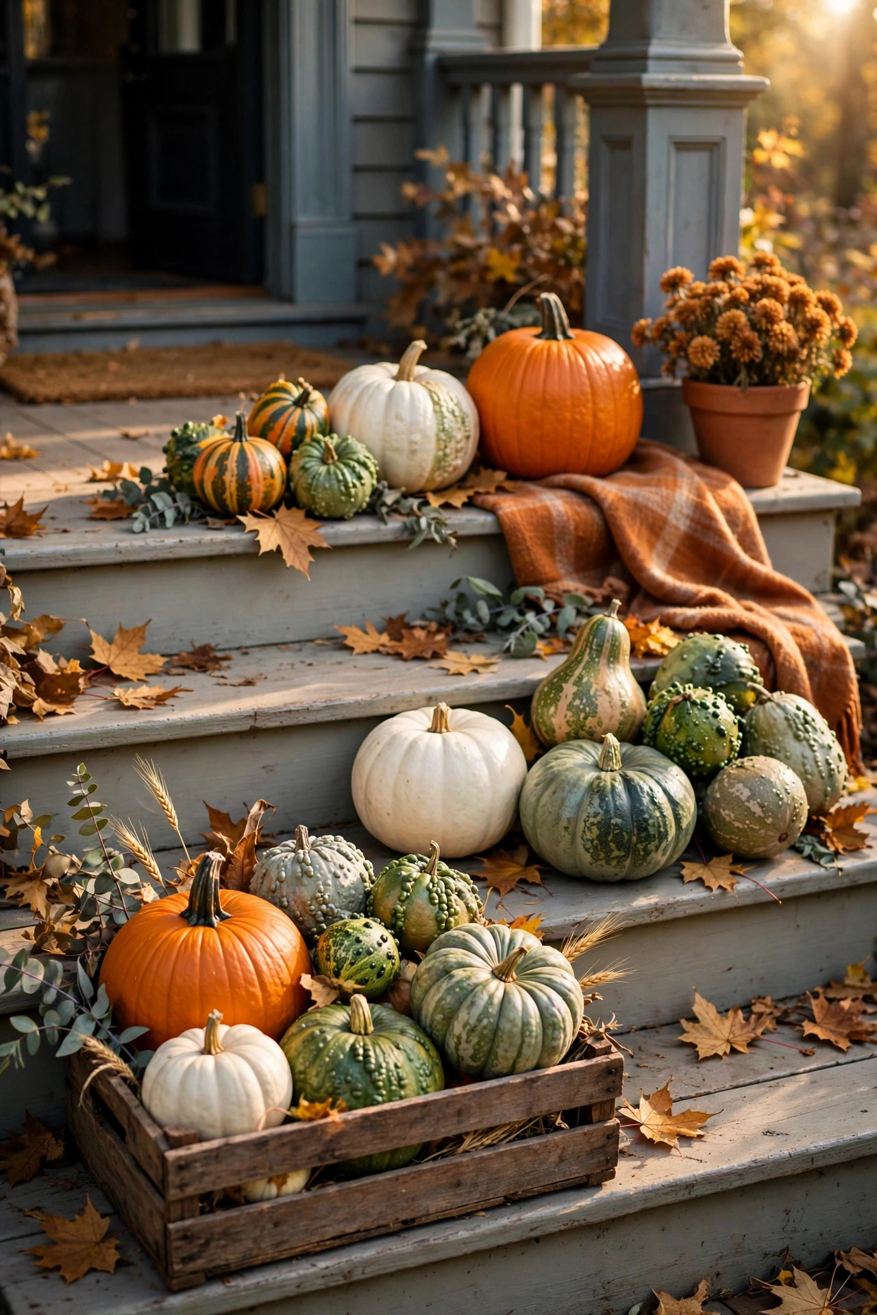 Mixed pumpkins in orange, white, and green stacked on front porch steps