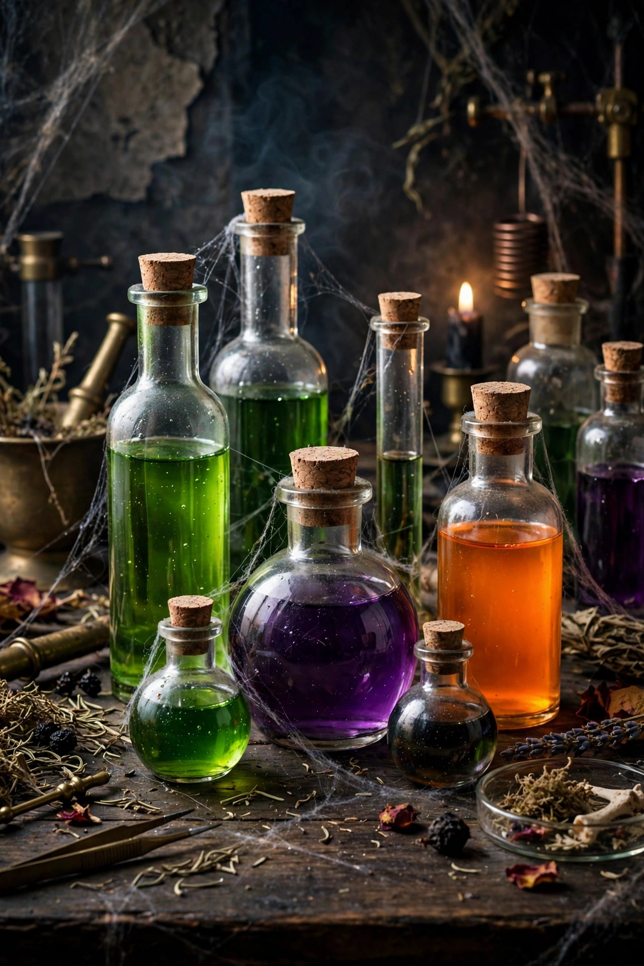 Vintage-style apothecary potion bottles with colored liquids on a dark wooden table