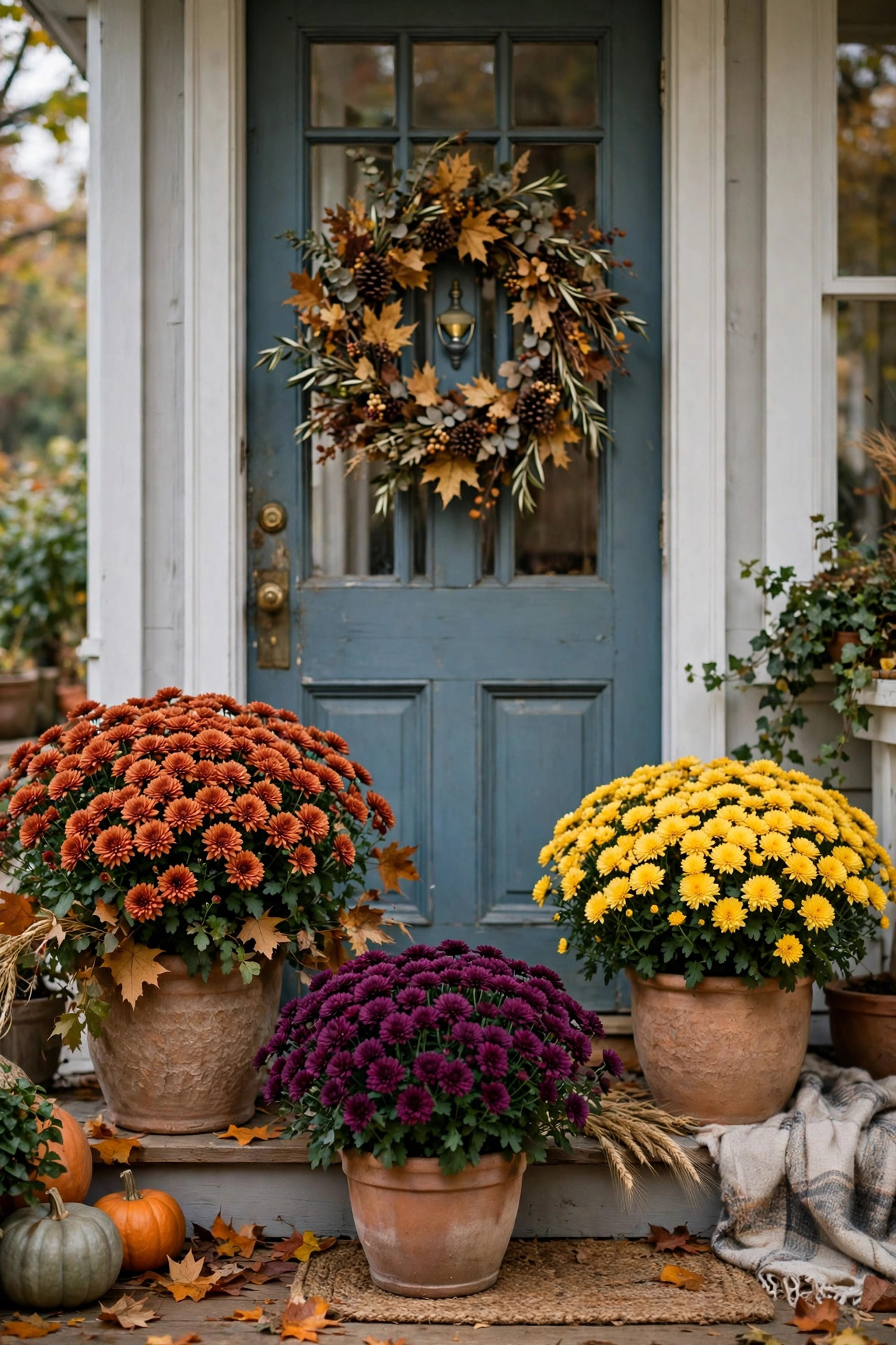 Three planters with colorful fall mums flanking a front door