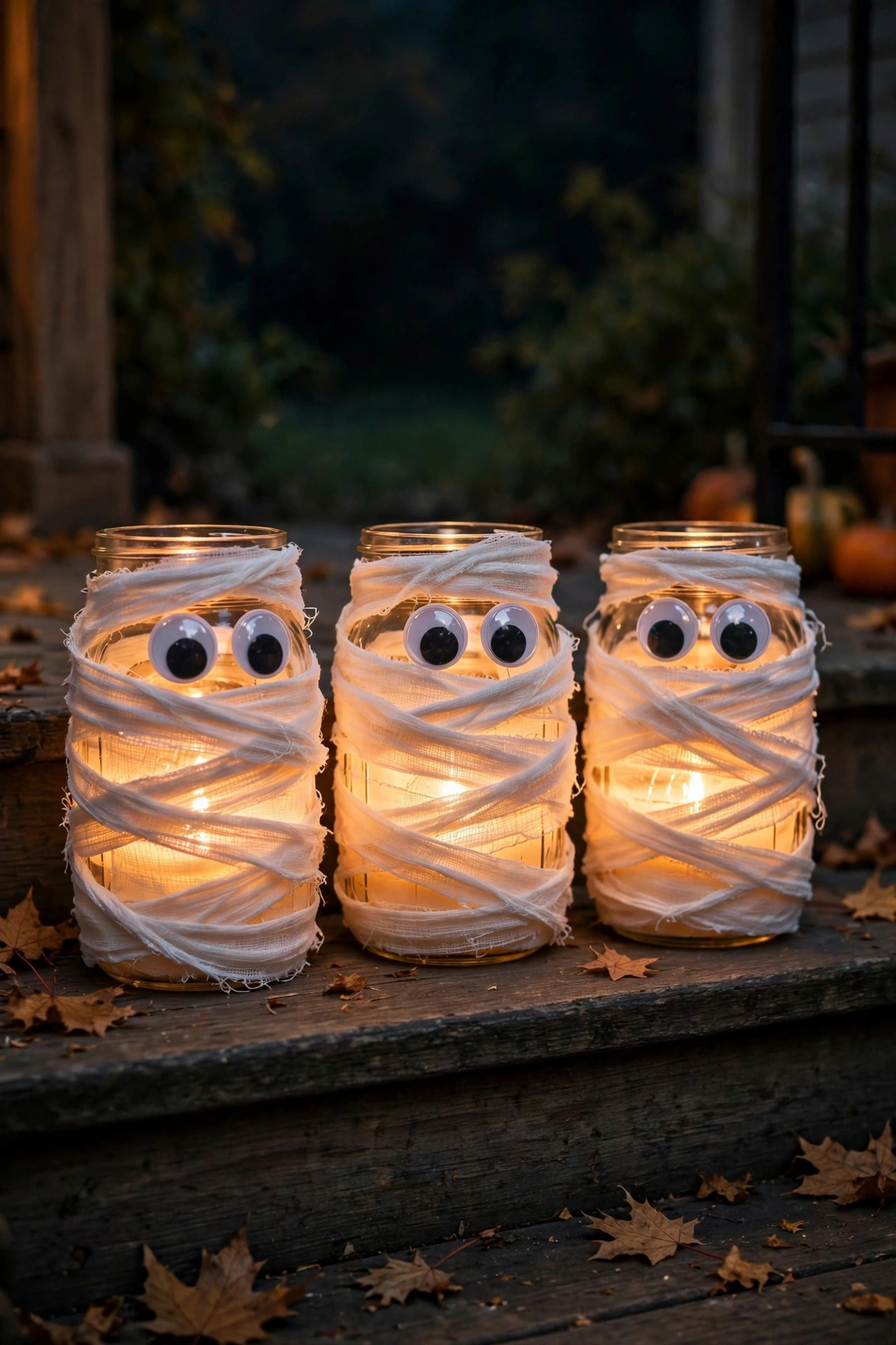Mason jars wrapped like mummies with googly eyes glowing with candles
