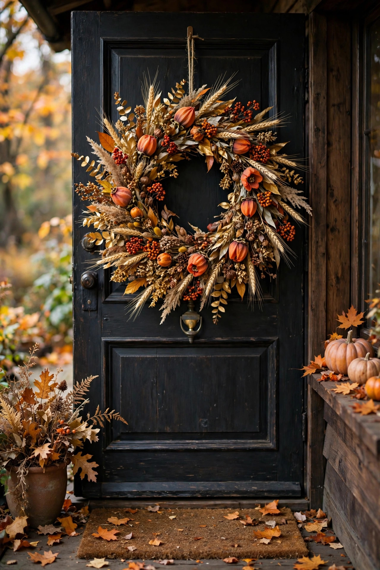 Dried floral fall wreath in persimmon and gold tones hanging on dark front door