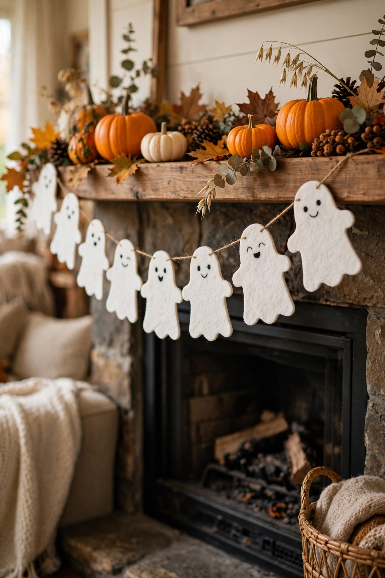 White felt ghost garland strung across a fireplace mantel with pumpkins