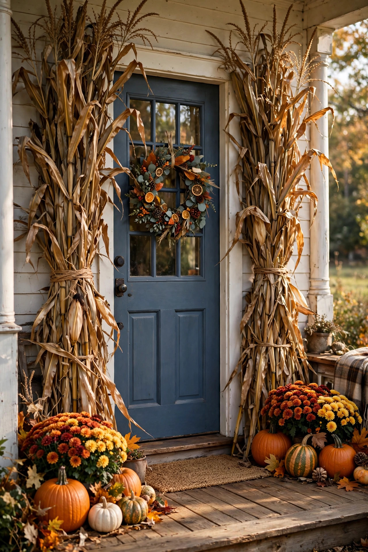 Tall dried corn stalks tied to porch columns framing a decorated front door