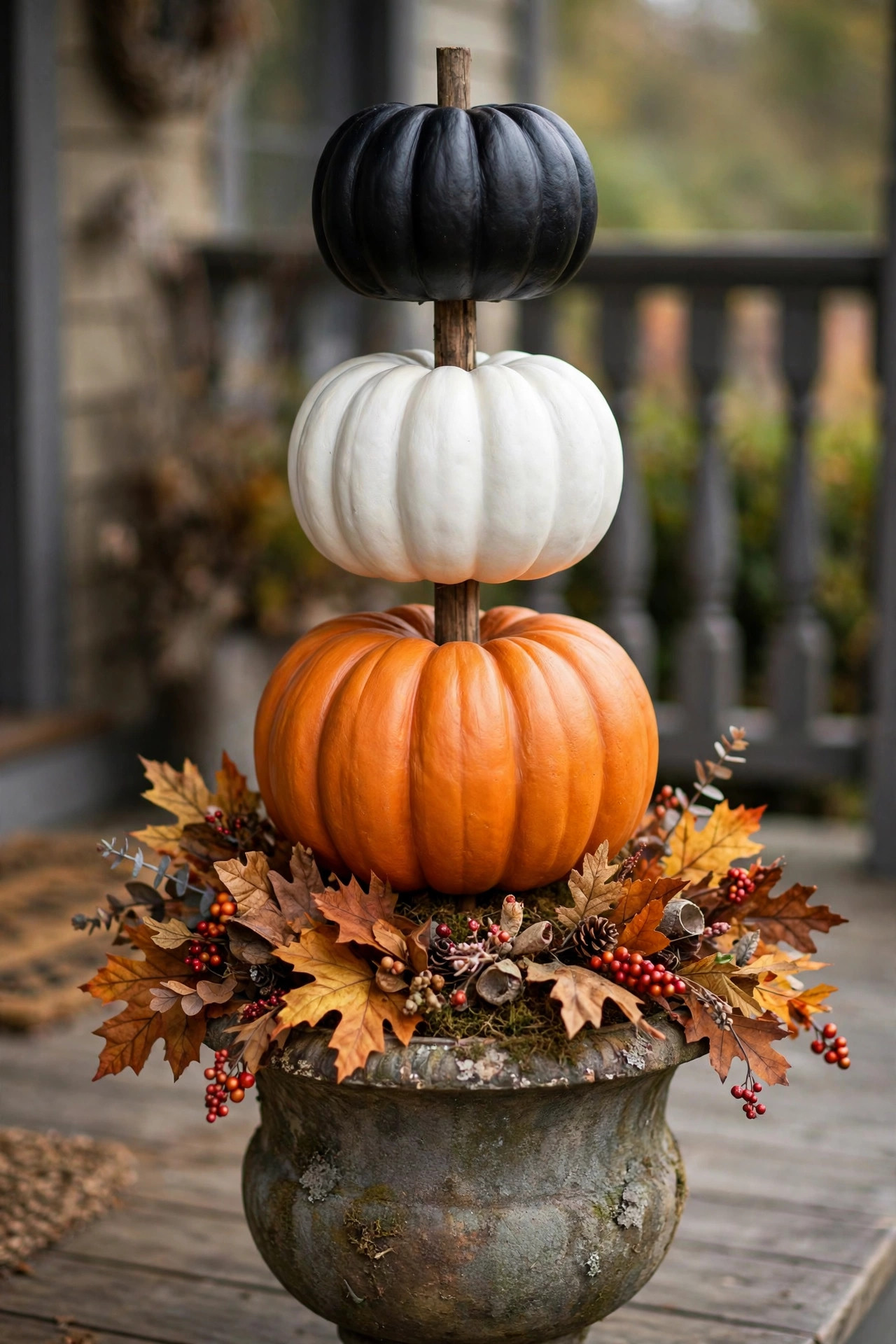 Stacked pumpkin topiary in orange white and black on a front porch