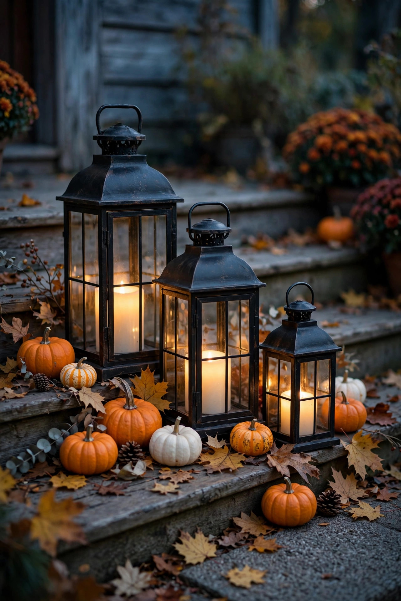 Cluster of black metal lanterns with glowing LED candles on fall porch steps