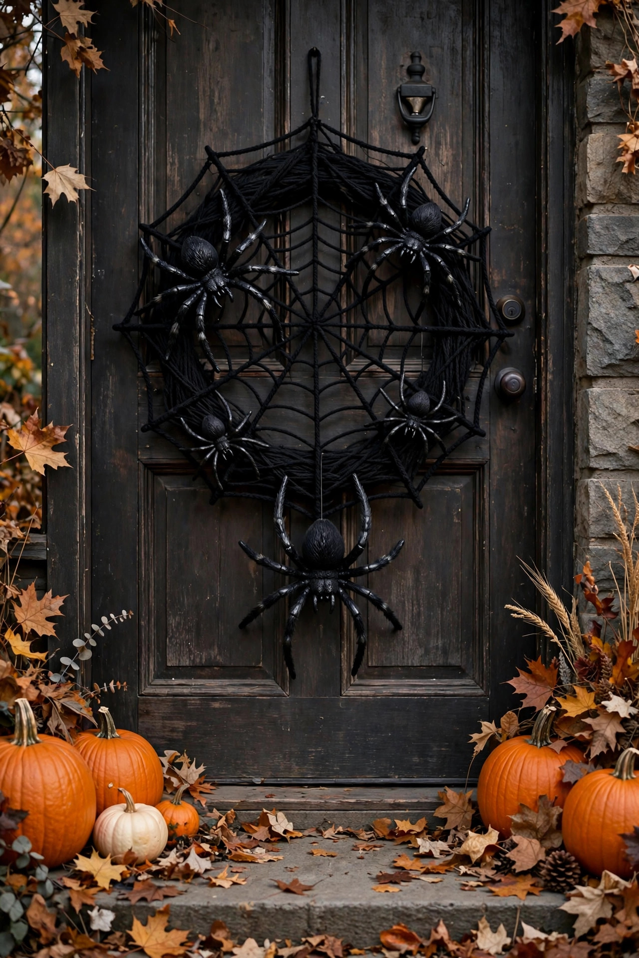 Black yarn spiderweb wreath with plastic spiders on a front door