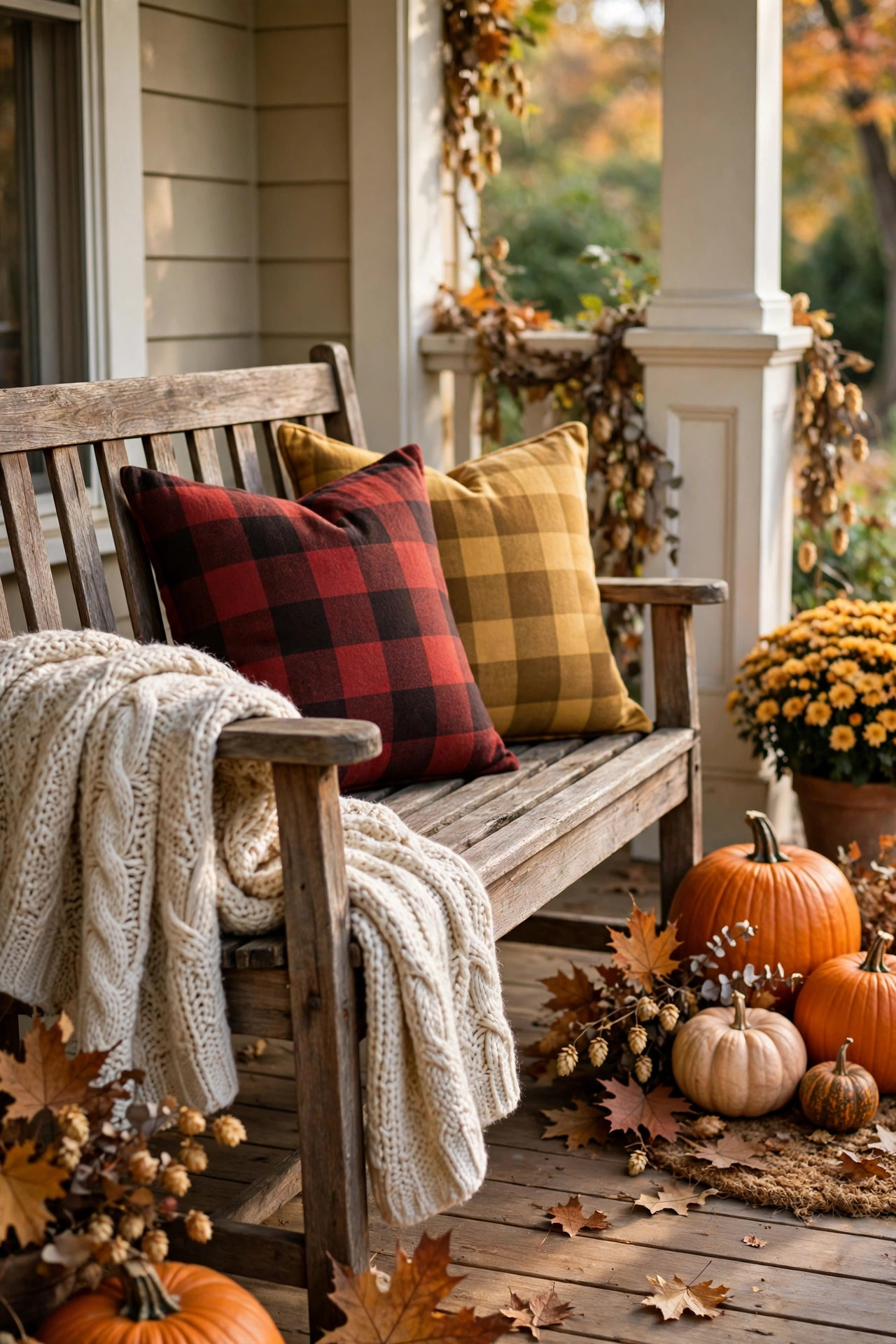 Wooden porch bench with plaid throw pillows and chunky knit blanket