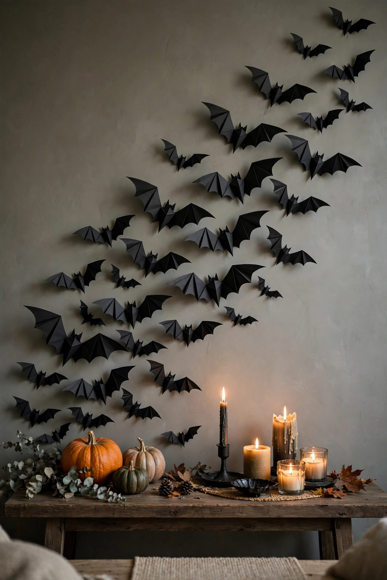 Flock of black paper bats flying across a living room wall above pumpkins