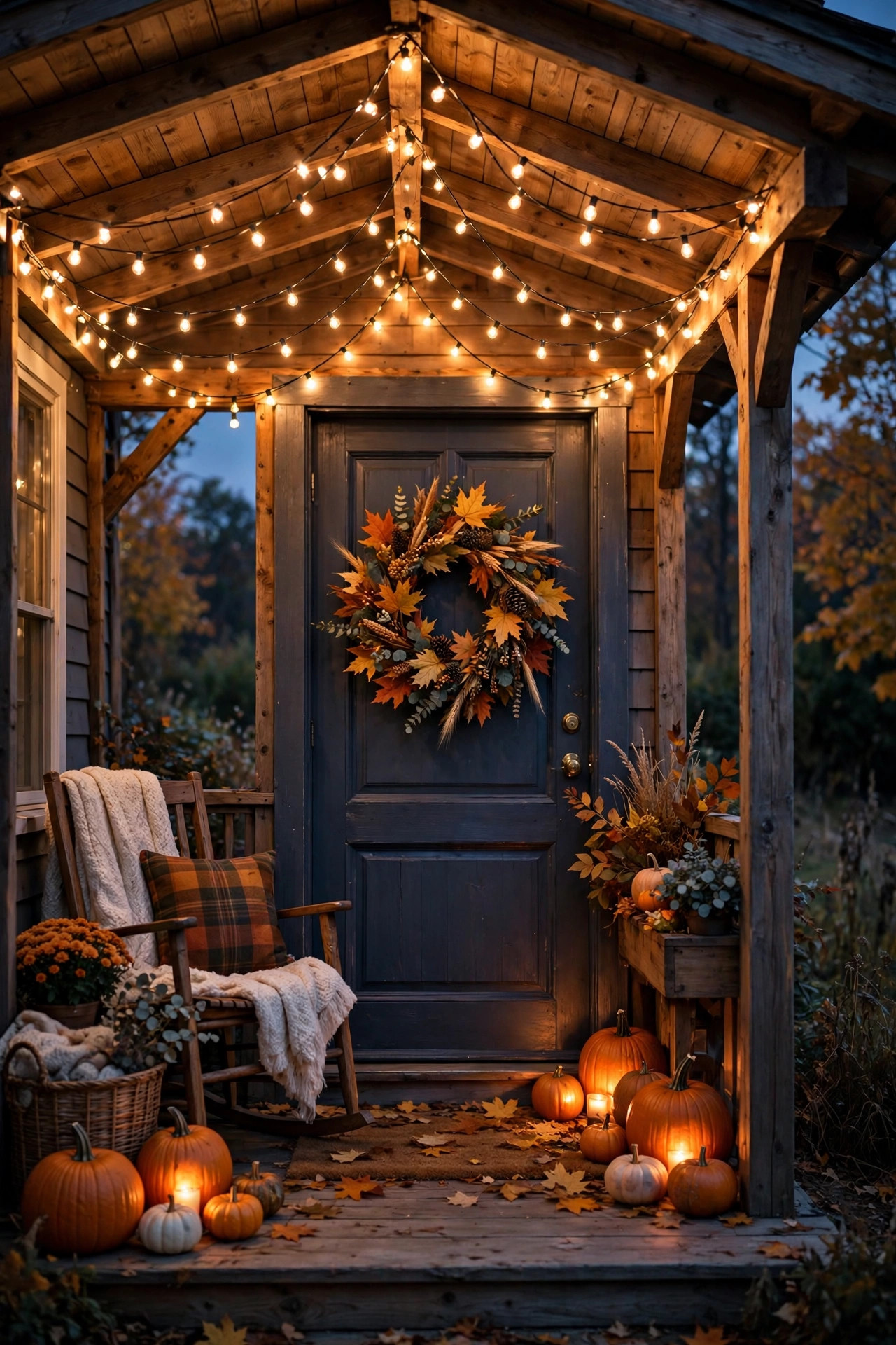 Warm white string lights draped across a cozy fall porch ceiling at dusk