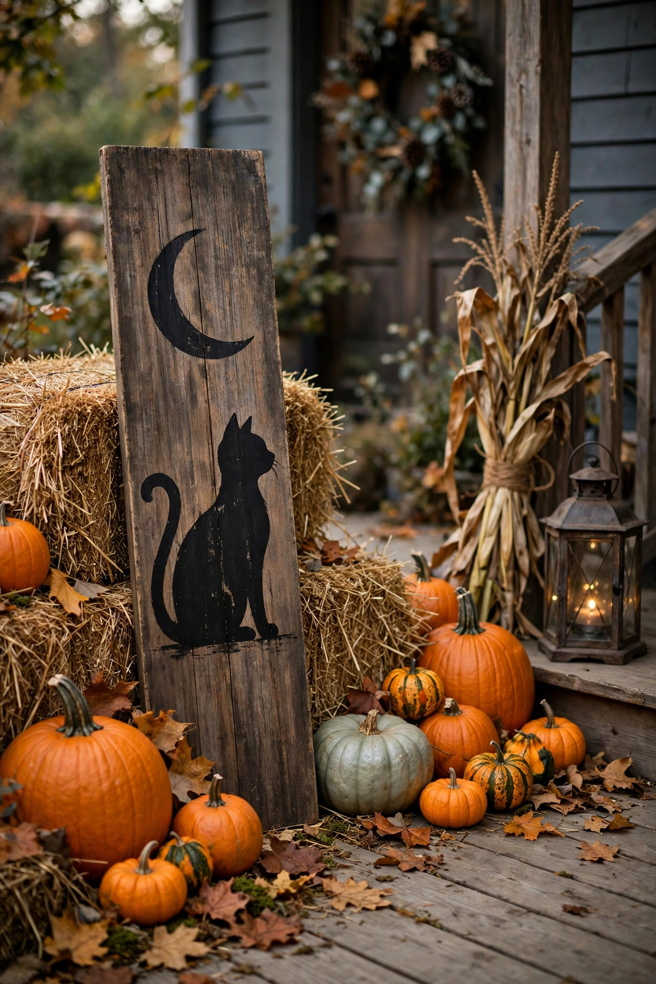Wooden porch sign with black cat silhouette and moon beside hay bales