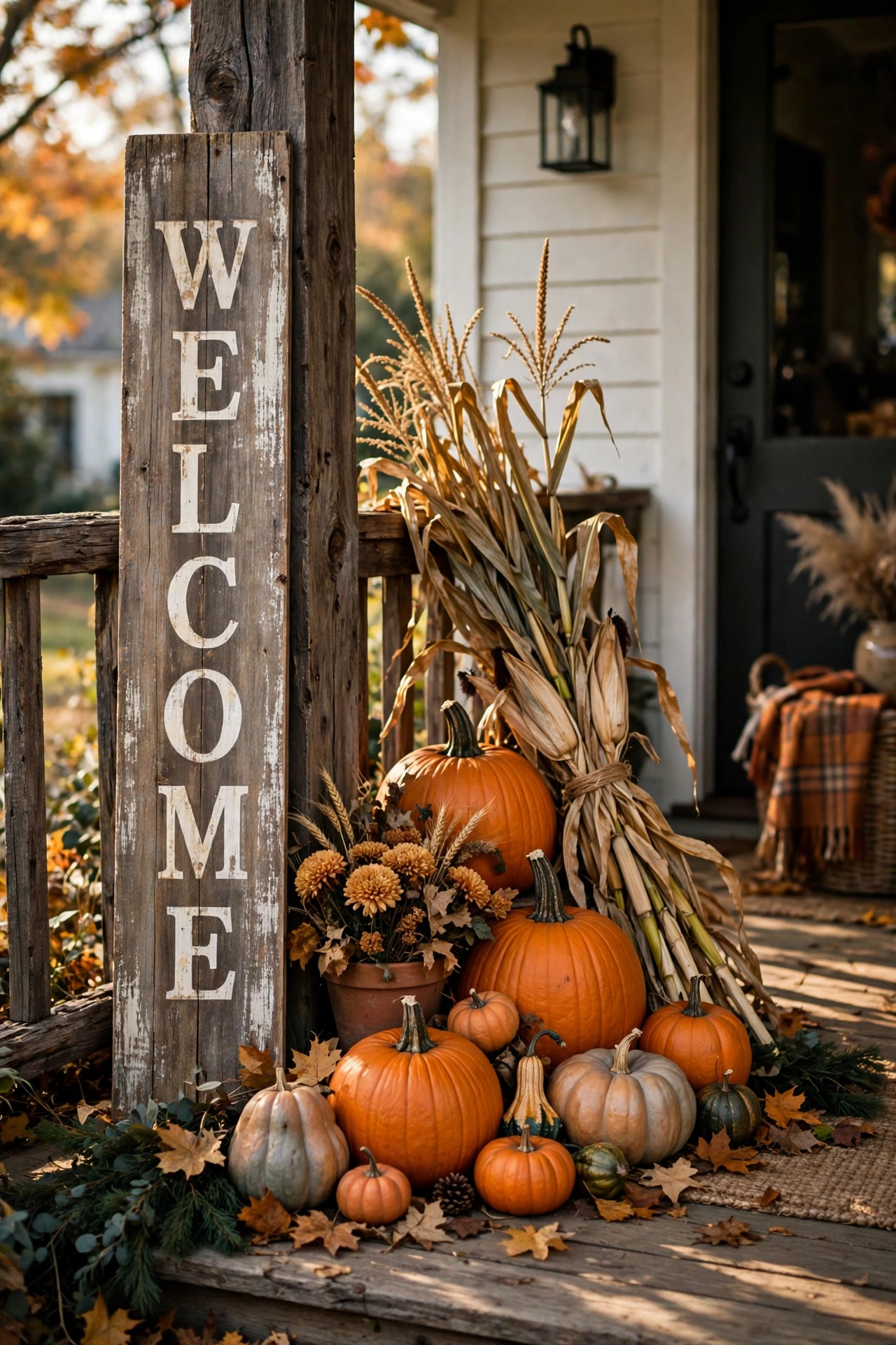 Tall rustic wooden welcome sign leaning beside pumpkins on a fall porch