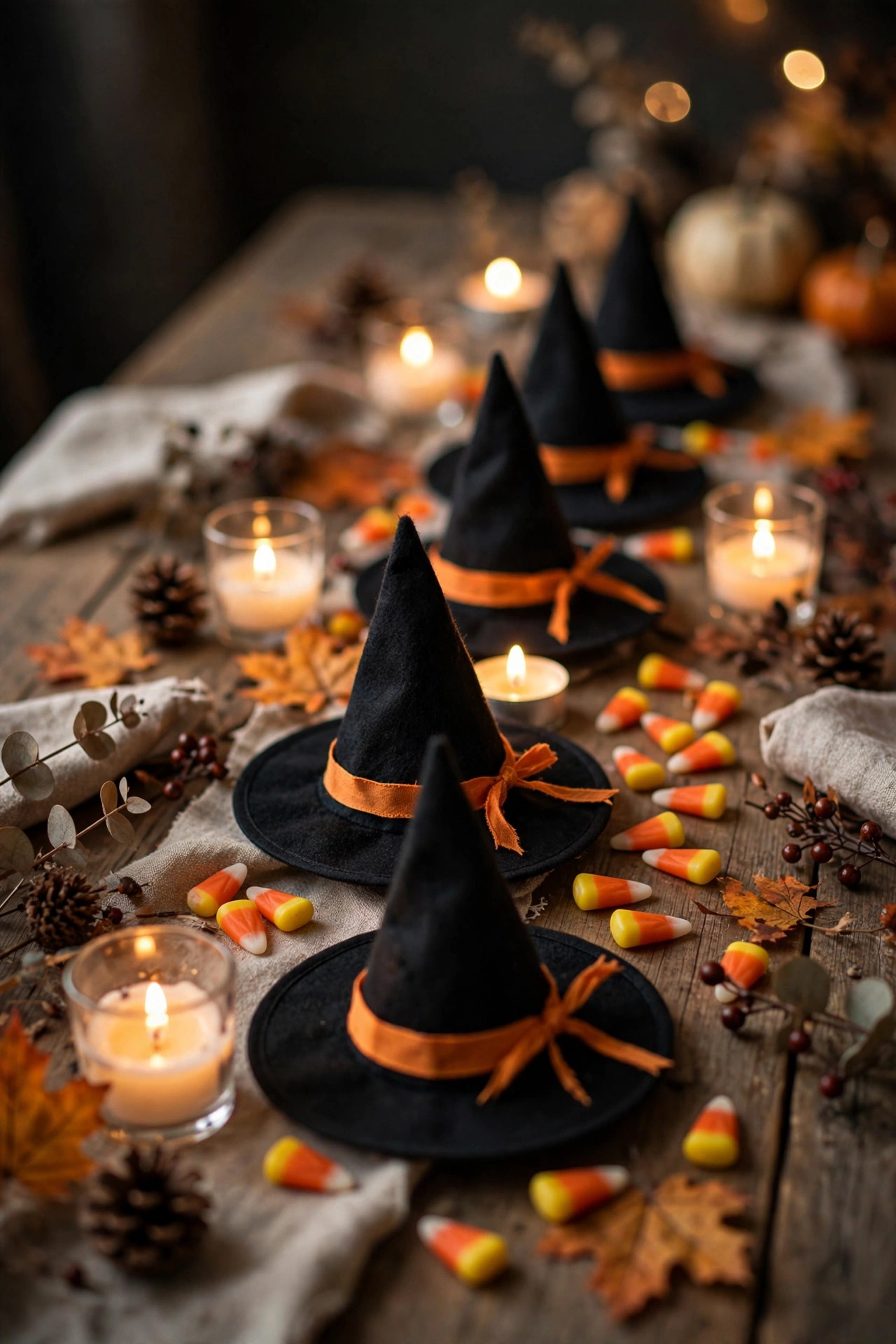 Mini witch hats as a Halloween table centerpiece with candy