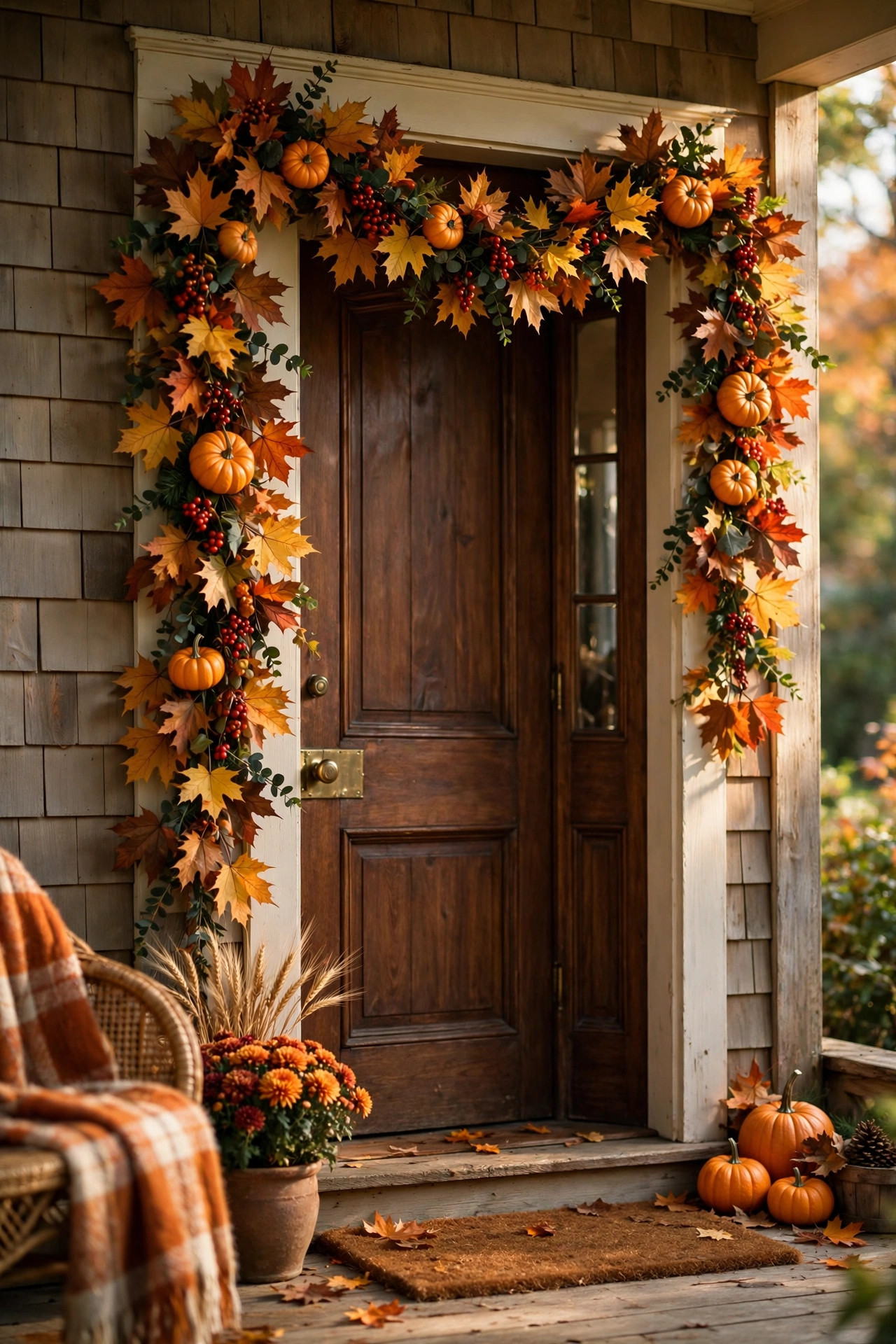 Maple leaf garland with pumpkins draped around a front doorframe
