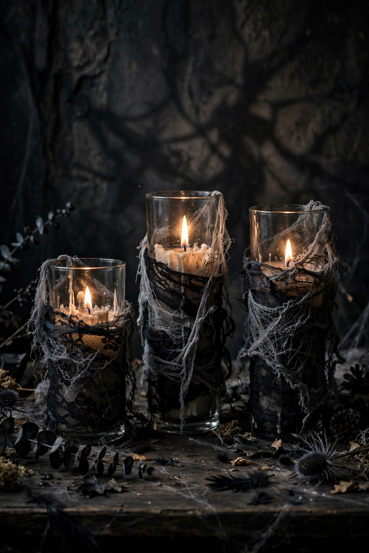Glass candle holders wrapped in black lace with flickering candles