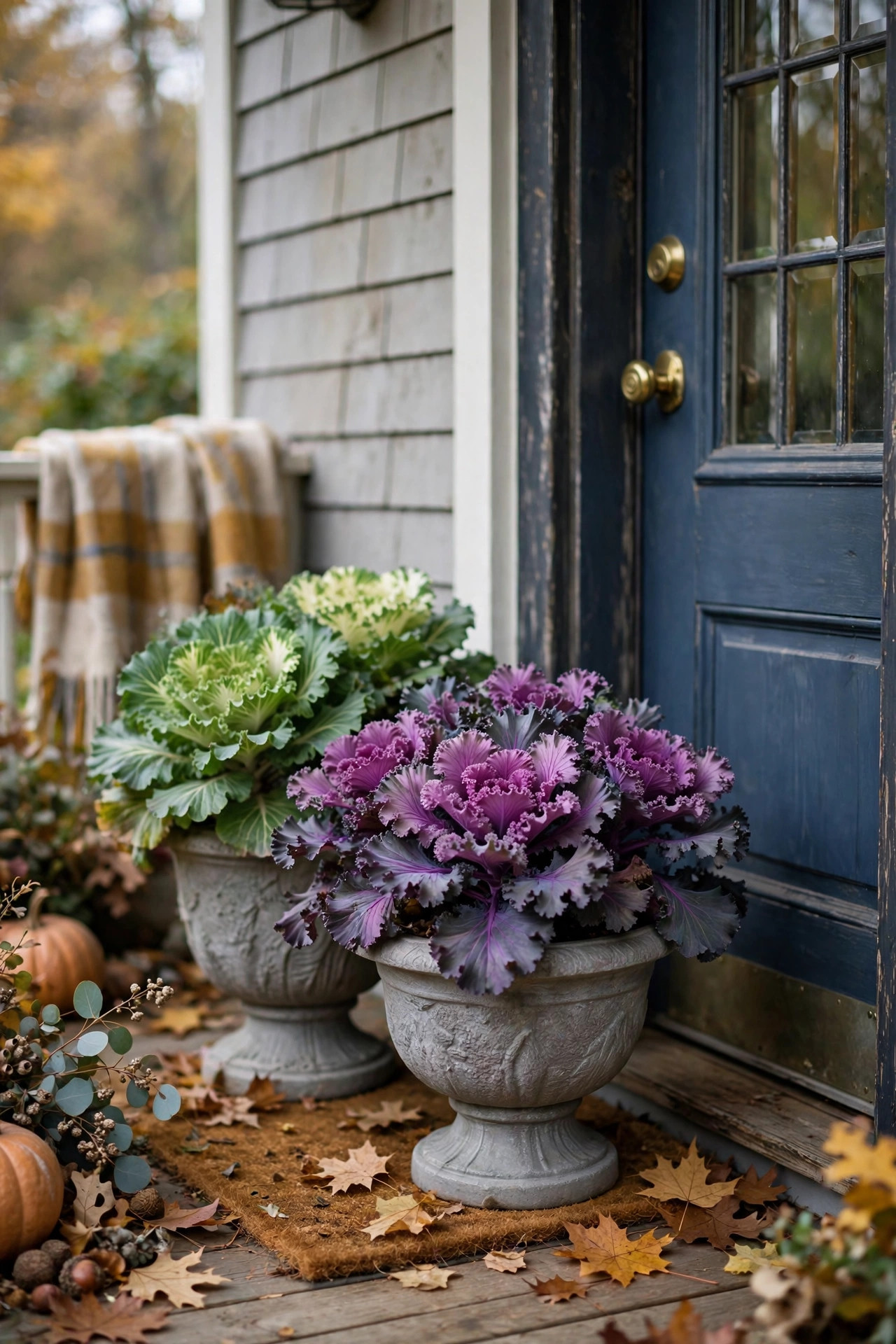 Planters filled with ornamental kale and cabbage in purple and green on porch