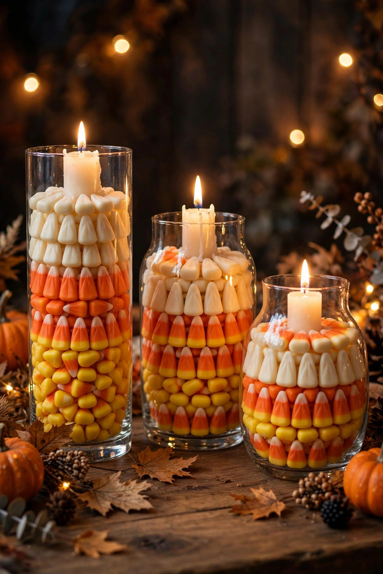 Glass vases layered with candy corn and glowing candles on a party table