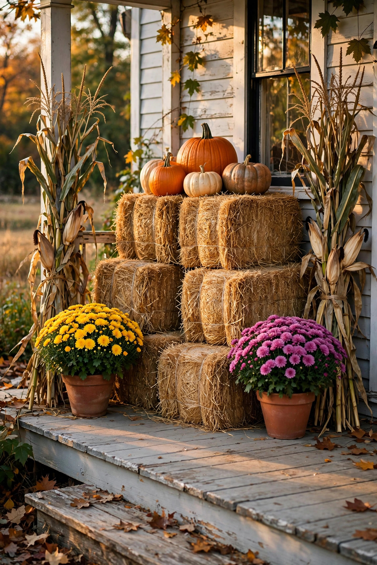 Small hay bales stacked with pumpkins and mums on a farmhouse front porch