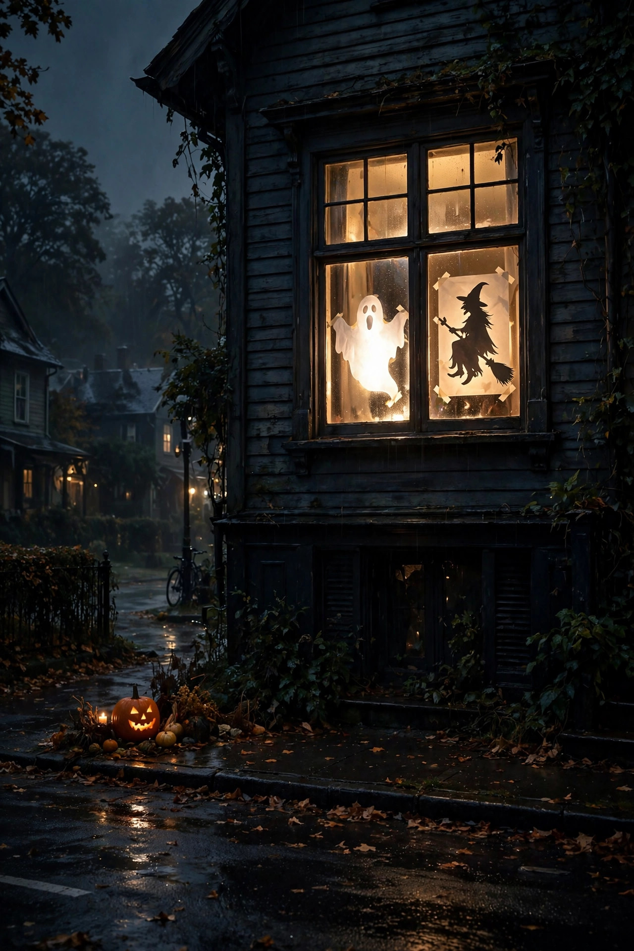 Glowing white ghost silhouettes in a dark window at night