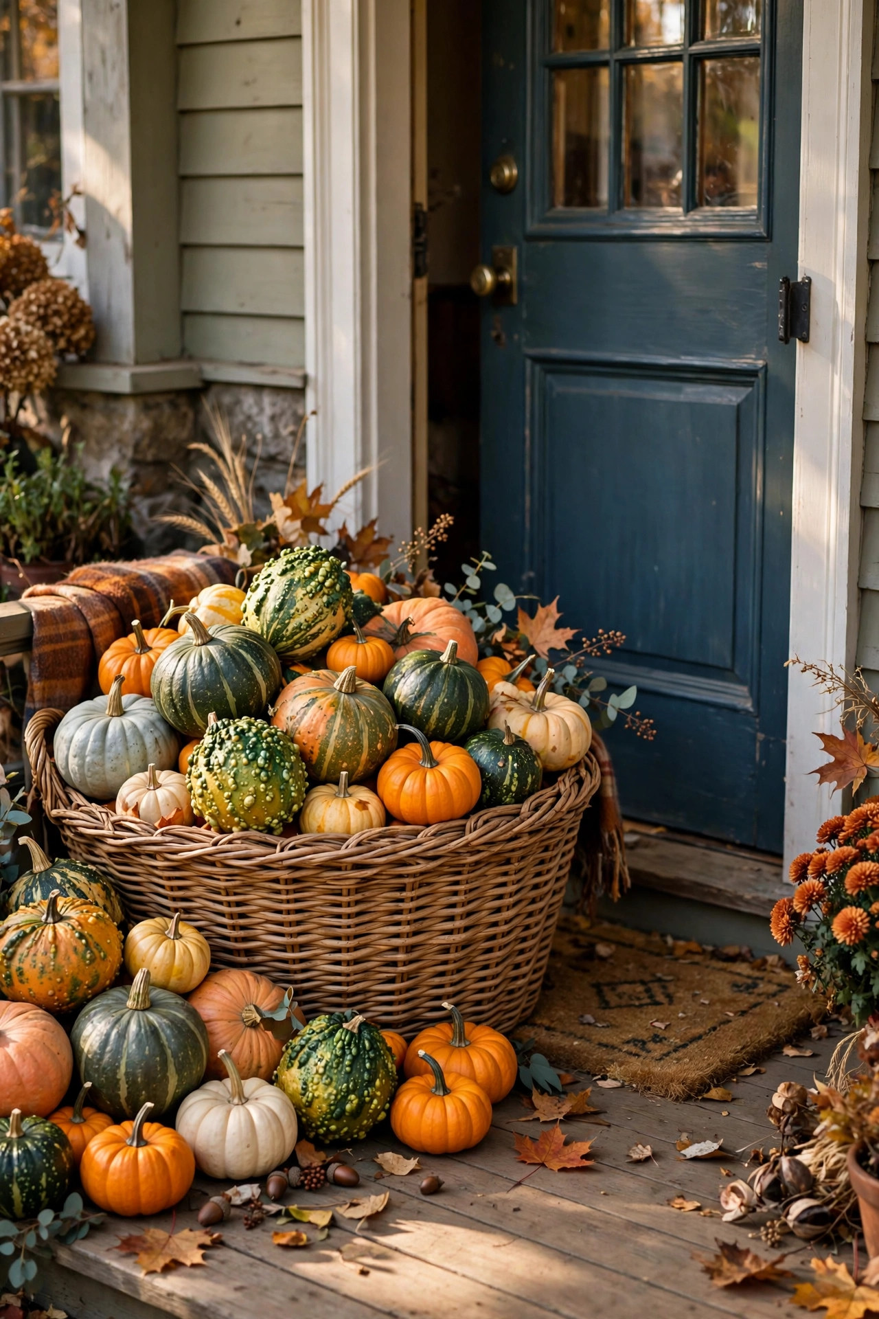 Large wicker basket overflowing with colorful gourds beside a front door