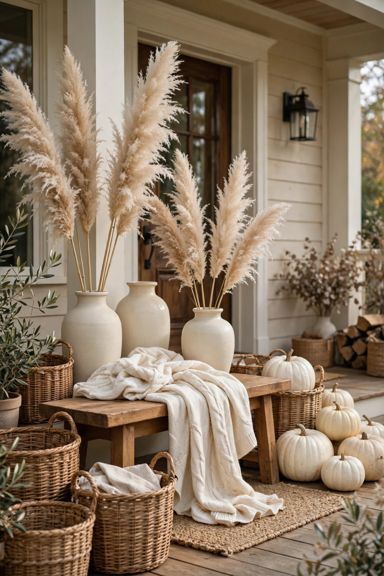 Elegant neutral fall porch with white pumpkins, cream textiles, and natural wood